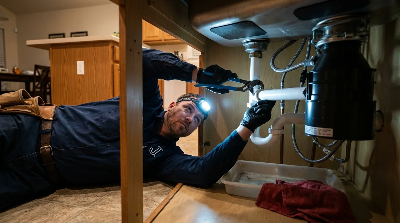 P-trap and supply line connections under a kitchen sink showing a common leak point in Liberty, NY